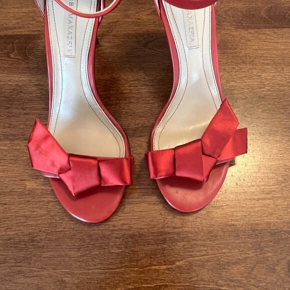 BCBGMaxAzria Pavli red satin leather heels sandals ankle strap 6.5M - Picture 3 of 12